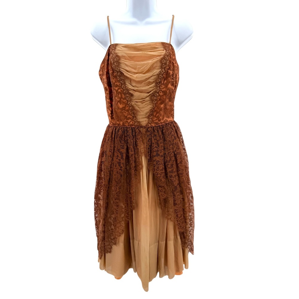Vtg 50s 60s Jon McCauley Lace Tulle Party Dress Sheer Overlay Chiffon Ruched S